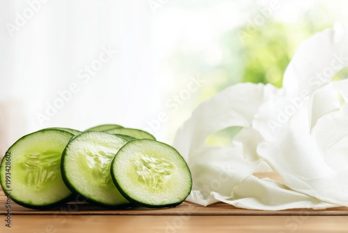 Cucumber Slices Arranged on a Wooden Table Beside a Wrinkled Cloth in Bright ...