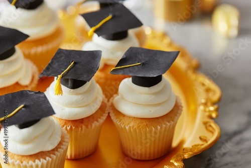 Graduation Cupcakes With Small Caps on a Golden Tray for a Celebration Event ...