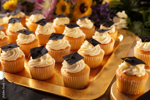 Graduation Cupcakes With Small Caps on a Golden Tray for a Celebration Event ...