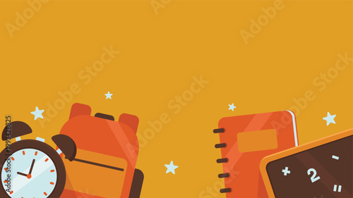 School supplies elements flat illustration on copy space yellow background perfect for educational themed materials.