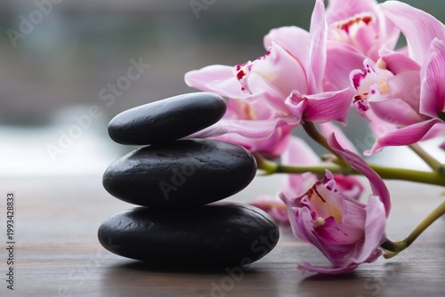Stacked Stones Beside Orchid Flowers on Wooden Table in Bright Setting