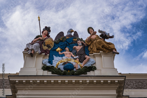 A group of statues as house decoration on a building in Alkmaar