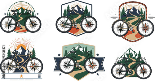 Mountain Biking Adventure Badge Set Featuring Vintage Bicycle Silhouettes with Forest Landscapes and Sunburst Peaks for Outdoor Sports and Cycling Enthusiast DesignsMountain Biking Adventure Badge 