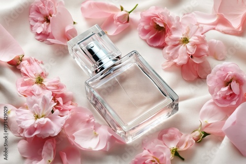 Floral Arrangement With Perfume Bottle on Soft Fabric Background