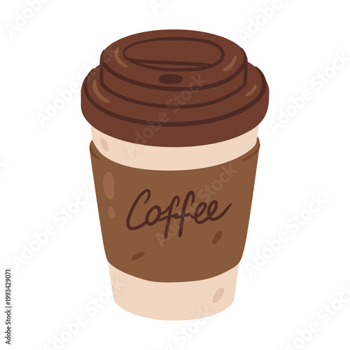 Takeaway coffee cup with lid and sleeve.Hand drawn vector illustration for cafe branding, packaging, posters and food related designs.