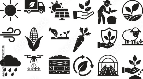 Black and white line set: transportation, nature, people, sports, and technology