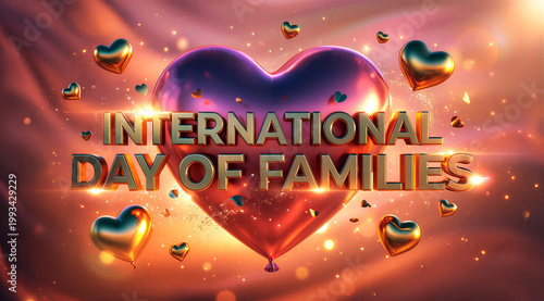 Colorful international day of families celebration with heartshaped balloons and sparkles in warm background