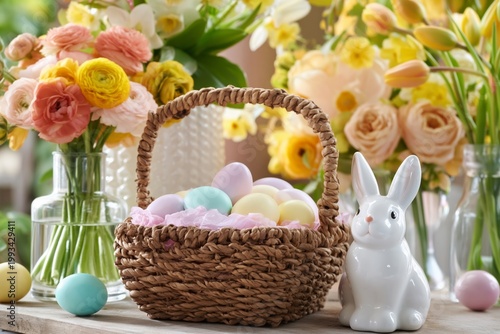 Colorful Easter Eggs in Basket With Flowers and Bunny on Kitchen Table