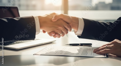 Business partners shaking hands over contract documents in bright office, confirming successful negotiation, trust, cooperation, and formal professional agreement

