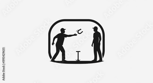 Silhouettes of two men playing a horseshoe tossing game