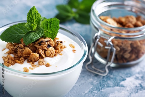 Yogurt With Granola Served in a Clear Bowl With Fresh Mint Next to a Jar of G...