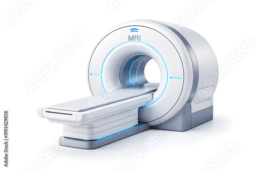 Modern MRI scanner machine for medical diagnostic imaging isolated on white background for hospital radiology departments