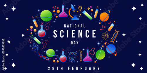 Colorful national science day celebration with icons and text for educational events and promotions