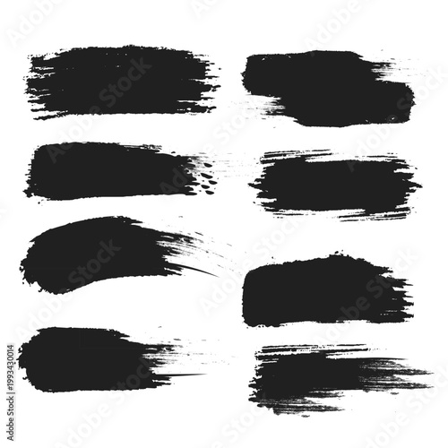 Black grunge brush strokes collection with hand drawn ink texture on white background set.