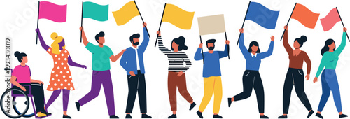 Diverse people holding protest banners and flags demonstration crowd activism social rights movement flat vector illustration