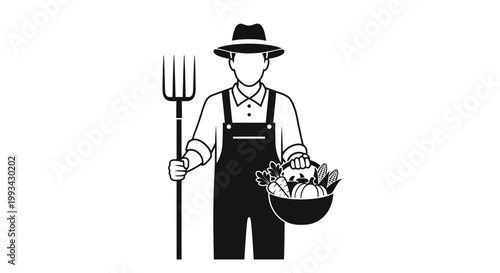 Man holding basket and pitchfork tool.
