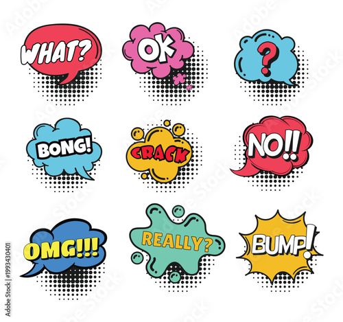 Comic book speech bubbles with sound effects and halftone pop art style graphic design set.