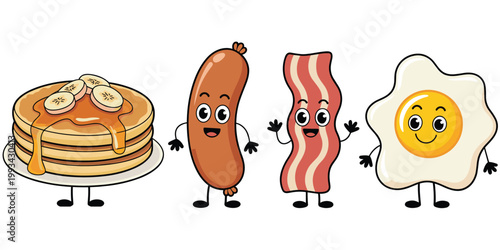 Cartoon breakfast foods pancakes sausage bacon egg, smiling anthropomorphic characters playful morning meal concept artwork design, flat vector illustration