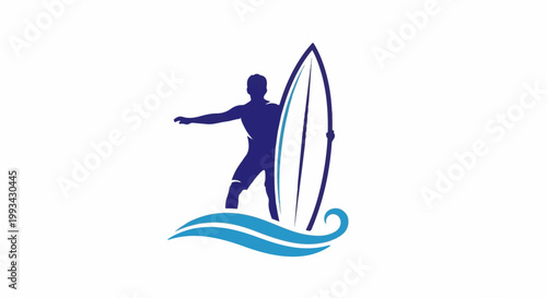 Silhouette of a surfer holding a surfboard amidst stylized ocean waves