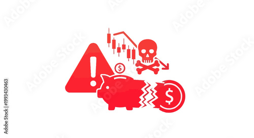 Red Piggy Bank With Warning Signs.