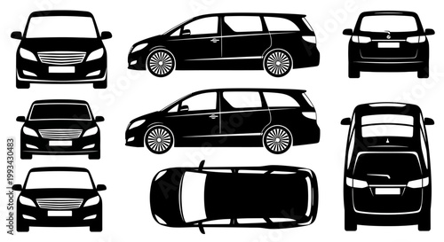 Set of Car Silhouettes: Front, Side, Top Views of Minivan and Sedan