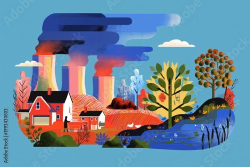Colorful Landscape With Factories, Trees, and a River Showing Environmental Issues and Nature at Daytime