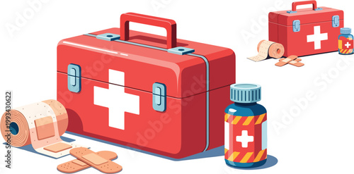 Medical first aid kit vector illustration, red emergency box with cross symbol, healthcare supplies with bandages and medicine bottle on white background