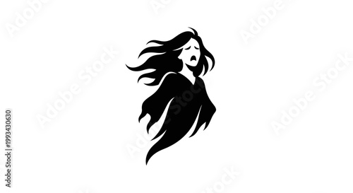Silhouette of woman with flowing hair.