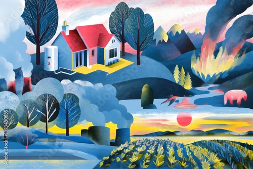 Environmental Issues Illustrated in a Modern Setting With Factories and Nature