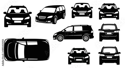 Set of Black Car Silhouettes: Various Views of Sedans, SUVs, and Minivans