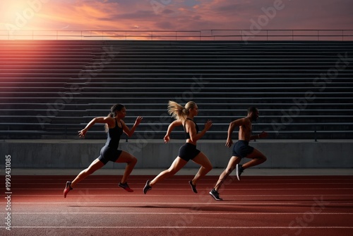 Runners Compete on a Track During Sunset at a Stadium in Warm Weather