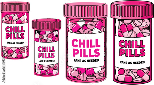 Chill Pills prescription bottles vector set, pink medicine containers with capsules and tablets, mental health and stress relief concept illustration