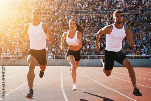 Runners Compete in a Track Race at a Stadium During a Sunny Day