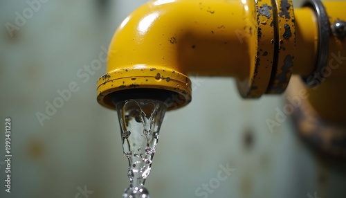 A dripping yellow pipe with water droplets falling into the air
