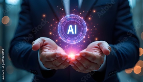 A businessman in a suit holds his hands out to showcase a glowing purple AI logo with a futuristic design