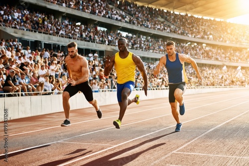 Runners Compete in a Track Race at a Stadium During a Sunny Day