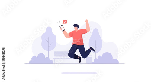 Joyful young woman jumping in park with smartphone and social media
