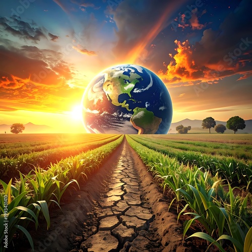 A vibrant sunrise casts a golden glow over fields, a cracked path leading to an Earth in the sky