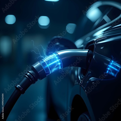 An electric vehicle being charged at a modern charging station with a glowing blue connector