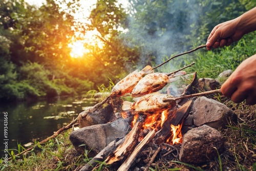 Cooking Fish Over Fire Near a River at Sunset in Nature