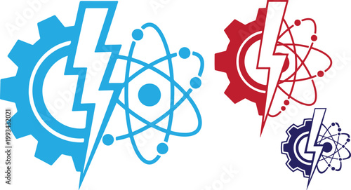 Industrial energy logo set with gear, lightning bolt and atom symbols, power generation icons, engineering and nuclear science vector graphics