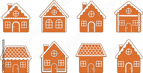 Gingerbread House Icon Set Featuring Christmas Cookie Homes with Icing Details for Holiday Baking and Festive Winter Flat Vector Illustration
