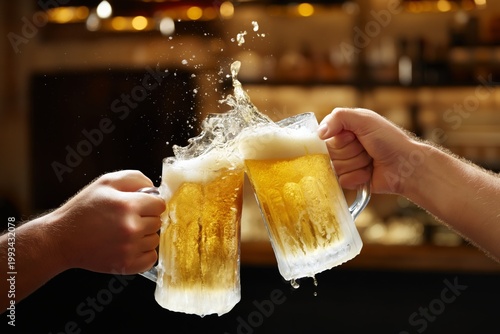 Cheers and Toast With Beer Mugs at a Bar During Evening Gathering With Friends