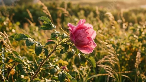 Pink rose blooms softly in golden sunlight among tall grasses