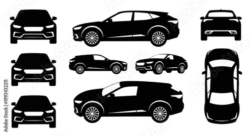 Set of Black Car Silhouettes: Front, Side, Top Views of SUV and Sedan