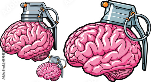 Conceptual brain grenade vector illustration, pink human brain with metal explosive pin, creative mind explosion and mental health concept art