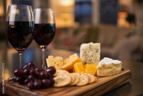 Wine and Cheese Pairing With Grapes and Crackers on a Wooden Board in a Cozy ...