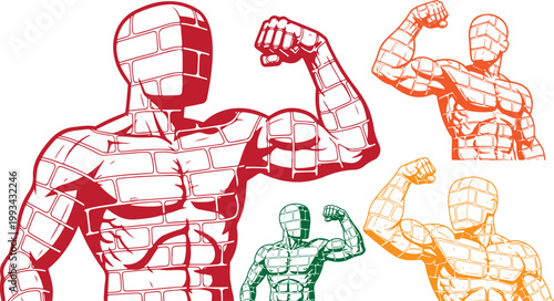 Strong brick man mascot flexing muscles, powerful bodybuilder character made of stone wall texture, construction industry strength concept vector