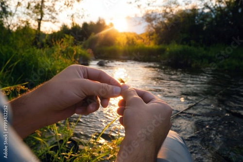 Hands Hold Grass by the River During Sunset in Nature at a Calm Location