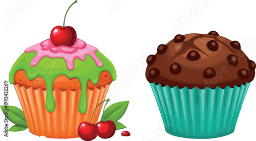 Colorful Cupcakes with Cherry Topping and Chocolate Muffin Dessert Vector Illustration
